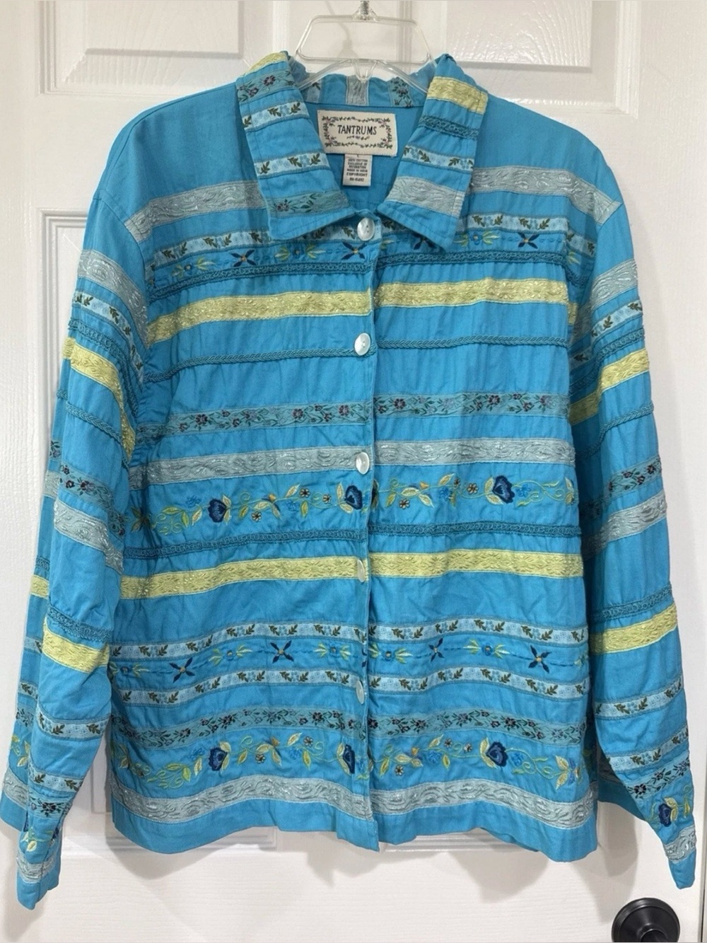 Tantrums Women LG Button up Collared Jacket Turquoise Multi Art to Wear - FLAWED